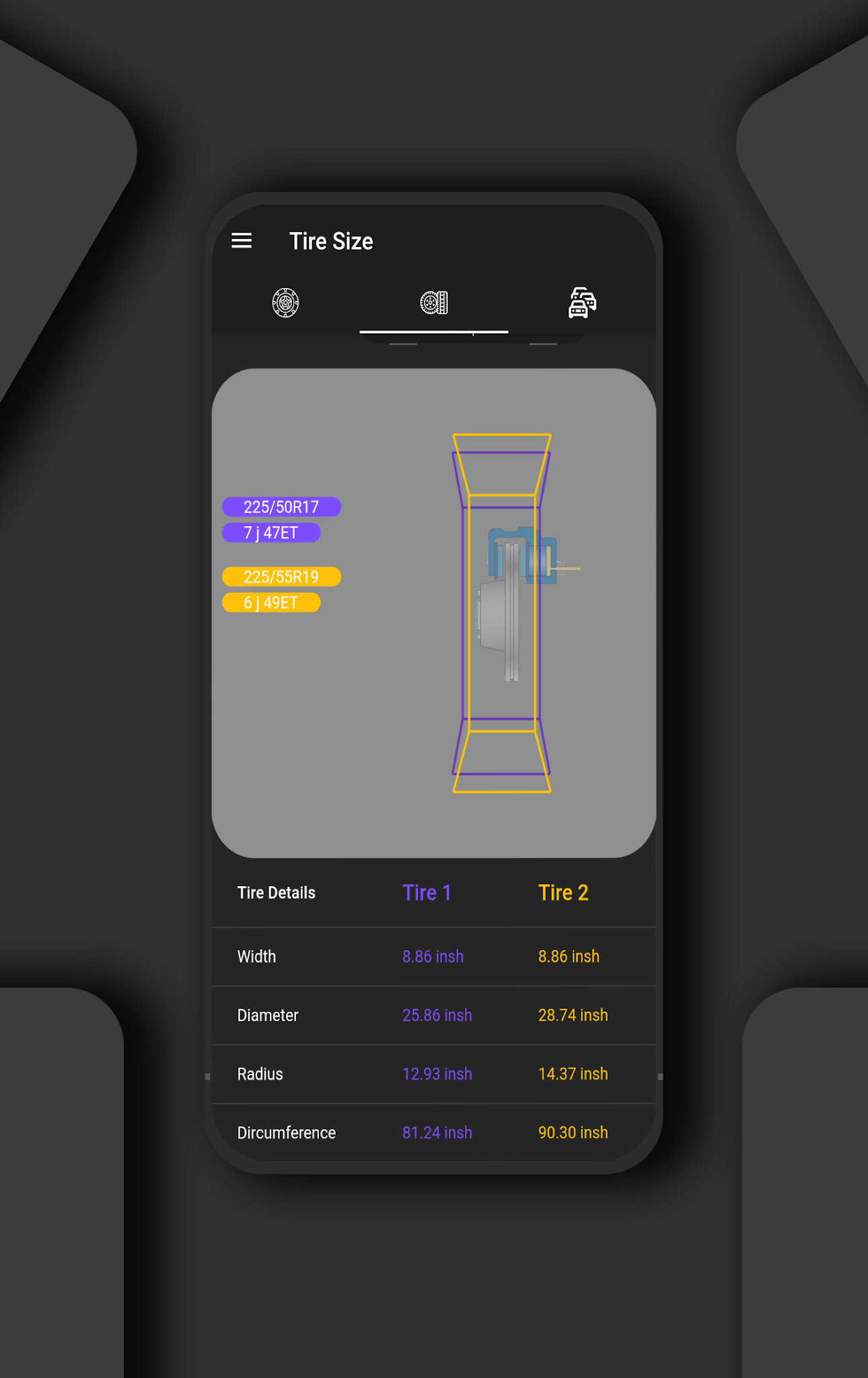 لقطة من تطبيق Tire Size، رقم 5.