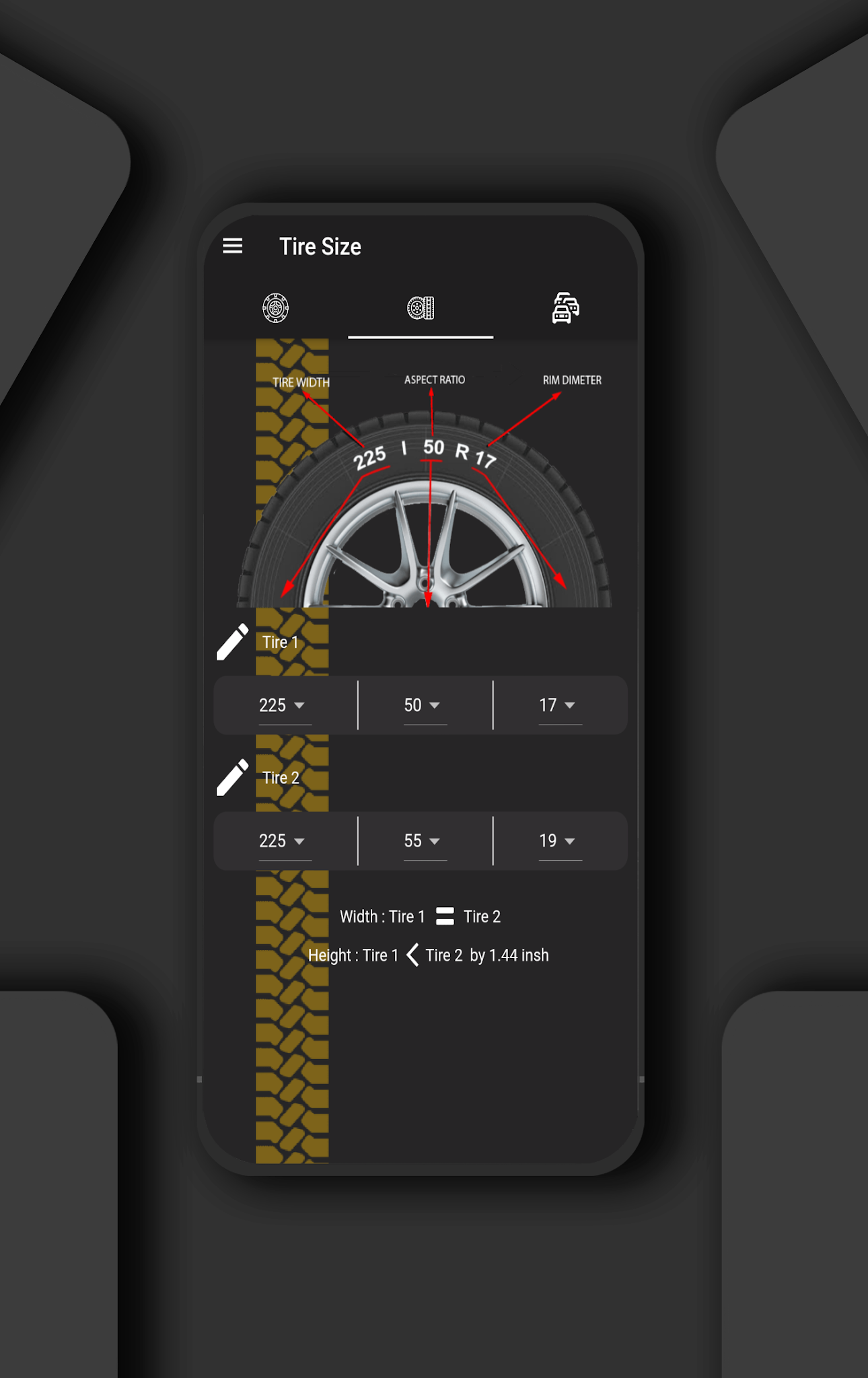 لقطة من تطبيق Tire Size، رقم 1.