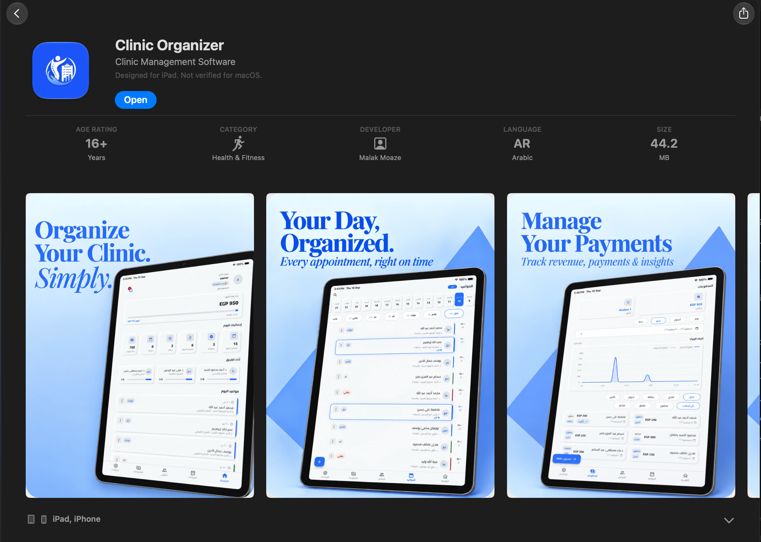 Clinic Organizer on the App Store with iPad dashboard, appointment and payment previews.